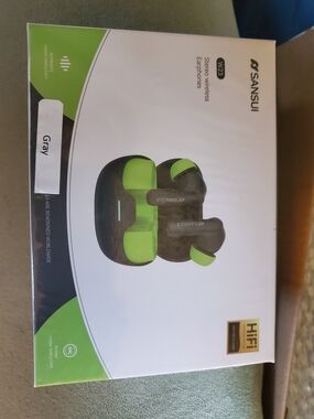 Sansui Gray Earbuds with Neon Green Accents and Charging Case